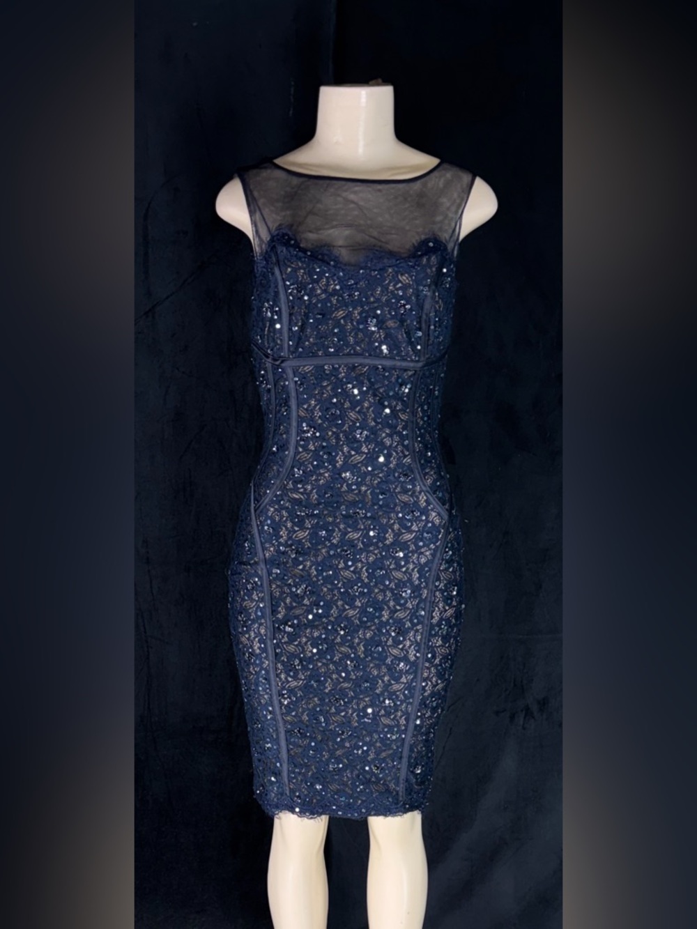 Navy Beaded Sheath Midi Dress with Illusion Mesh